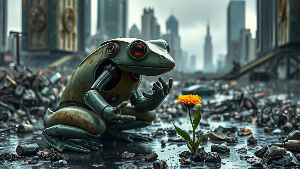 Cyberpunk Robot Frog Encounters Rare Yellow Bloom in Desolat...
