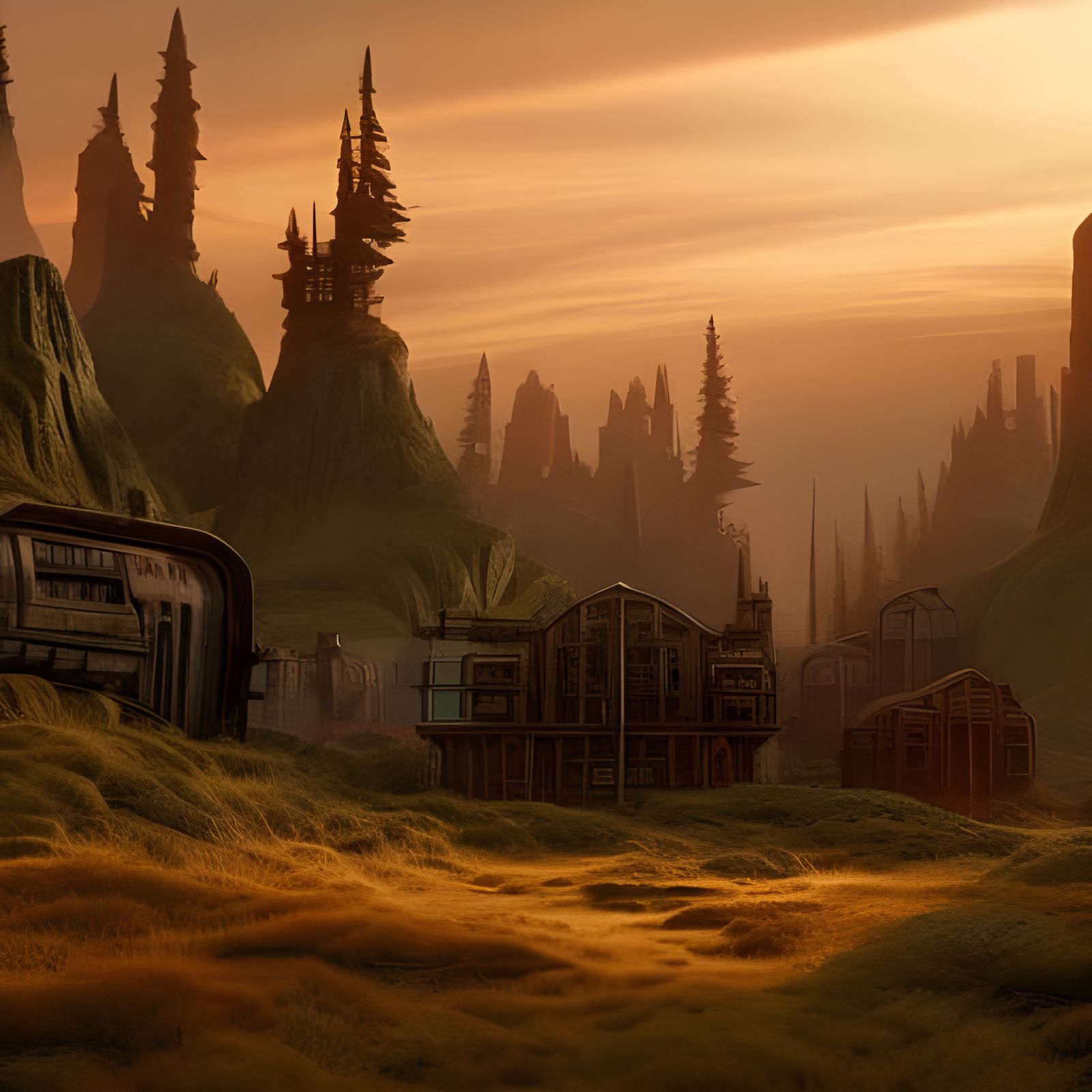 Eerie Steampunk Mining Town at Sunset