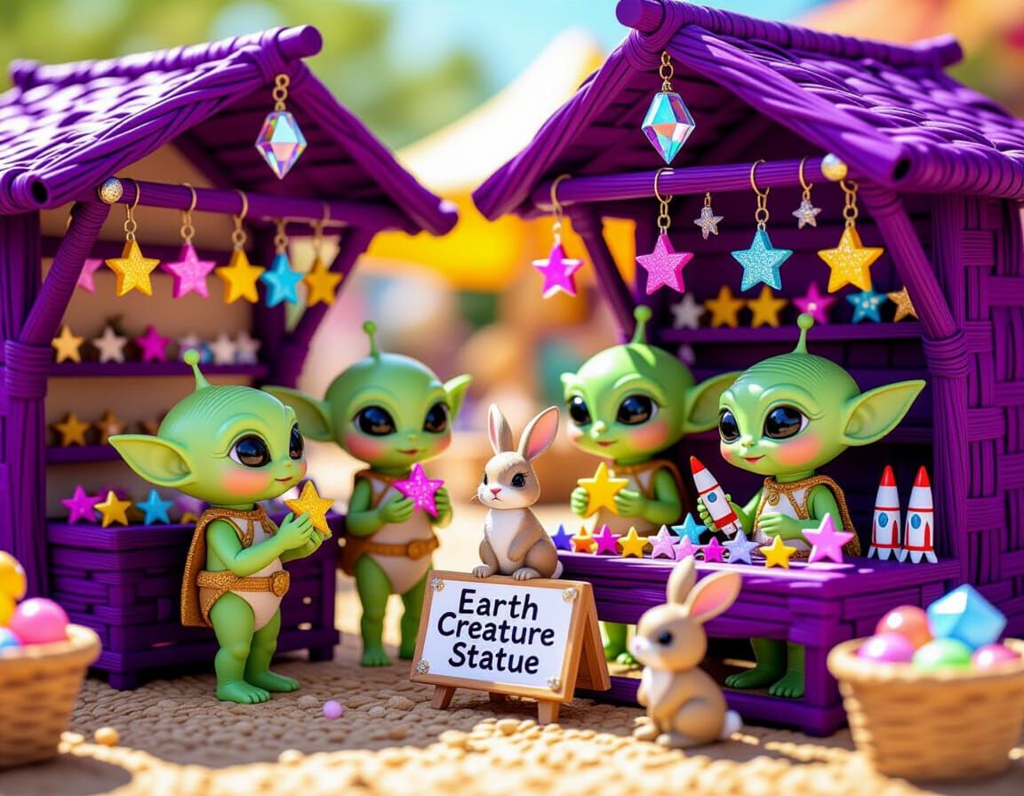 Alien Market with Star Candies and Rocket Models