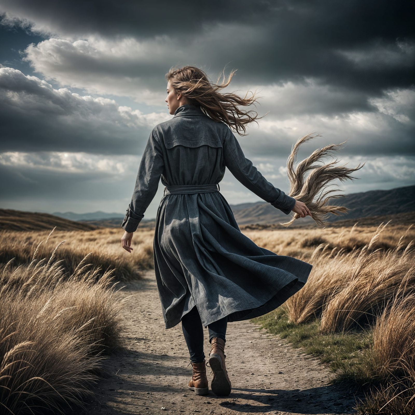 Woman Walks Into the Wind: Hyperrealistic Image