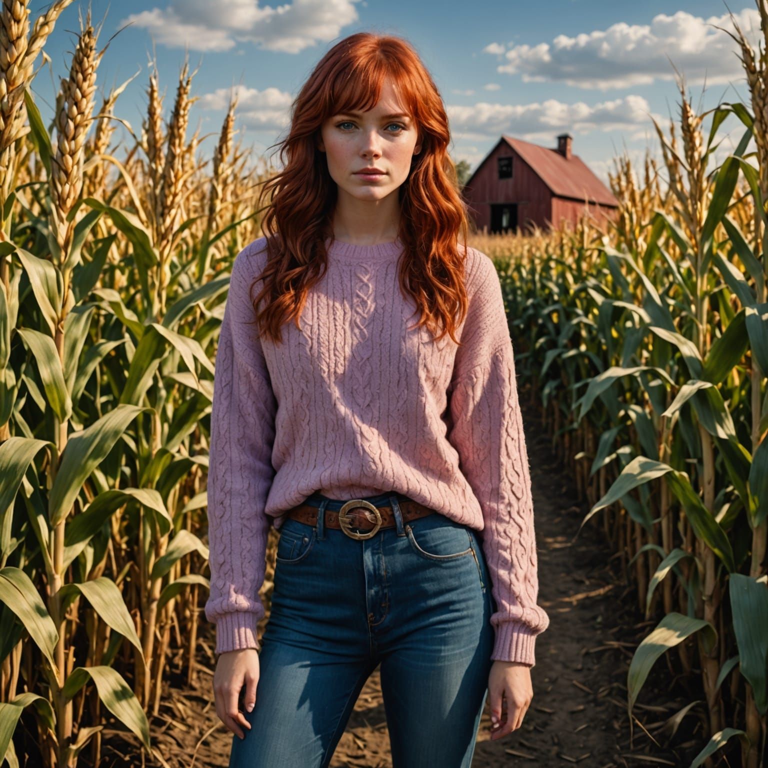 Woman in Pink Sweater Standing in Cornfield