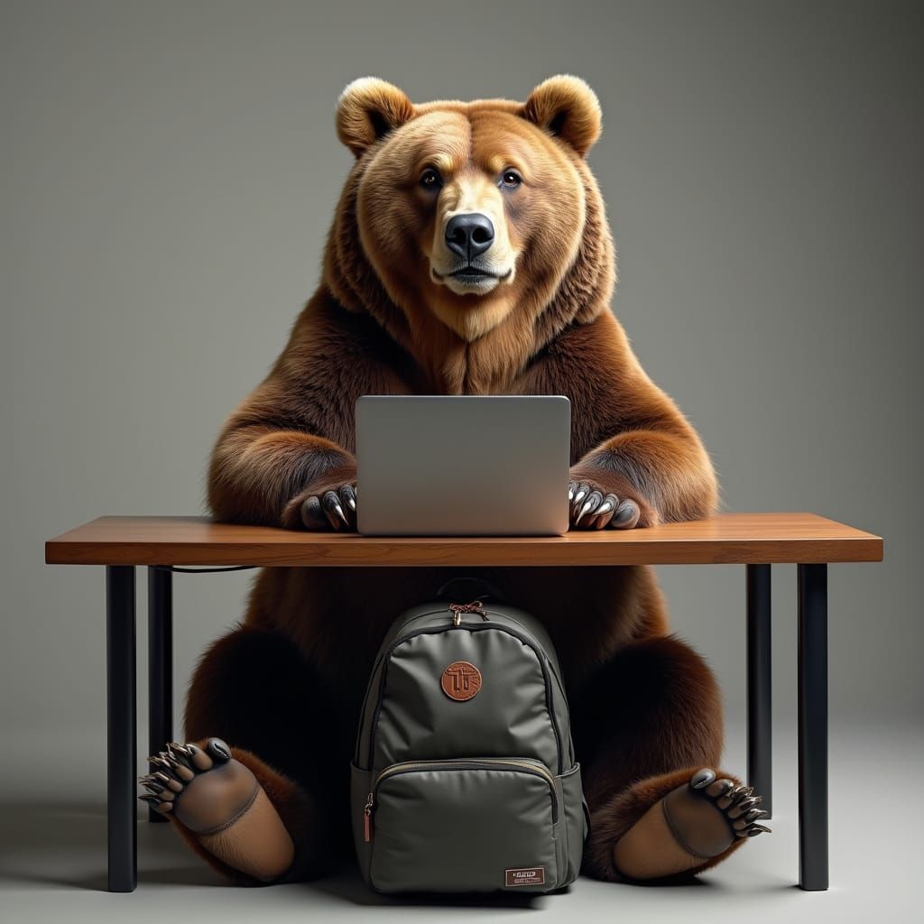 Brown Bear with Backpack Under Table