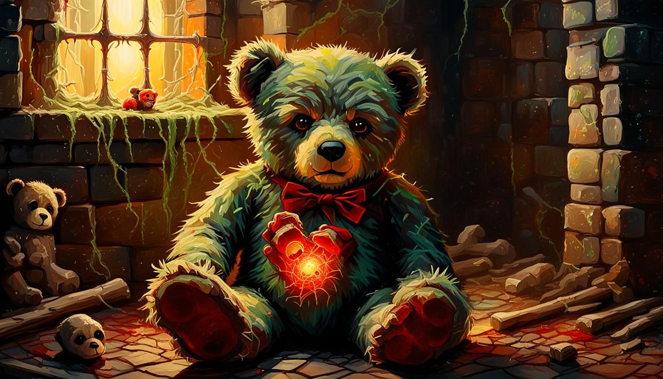 Eerie Teddy Bear in Castle, as Oil Painting