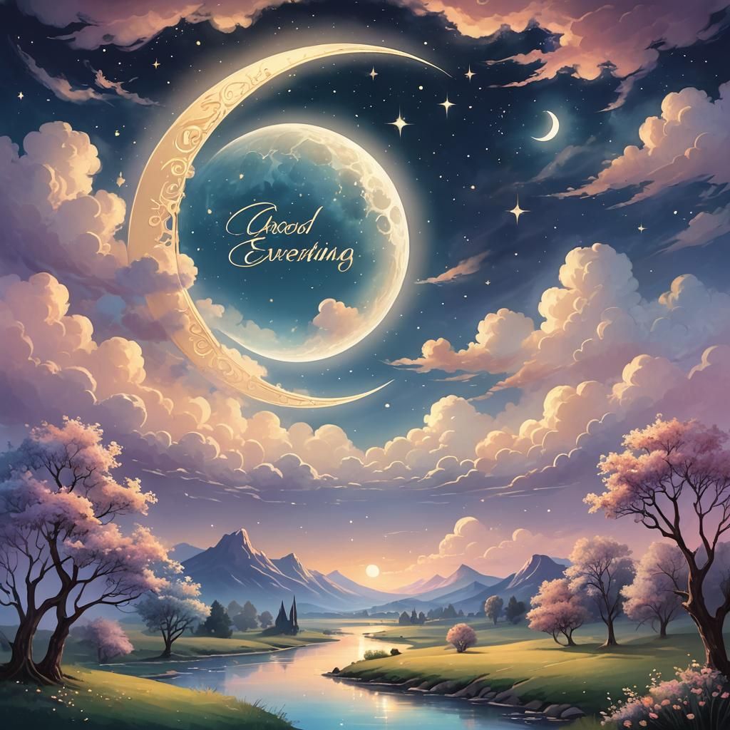 Fantasy Card with Good Evening Blessing in Pastel Colors