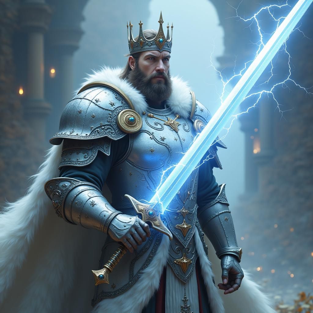 Majestic King with Lightning Sword in Fantasy Landscape