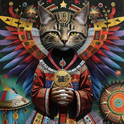 Aztec Cat by terry runyan, by elise gravel, by sally payne; collage art; mixed media; folk art; altered art;