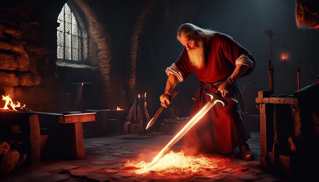Blacksmith Forging Sword in Medieval Dungeon, Dark Fantasy A...