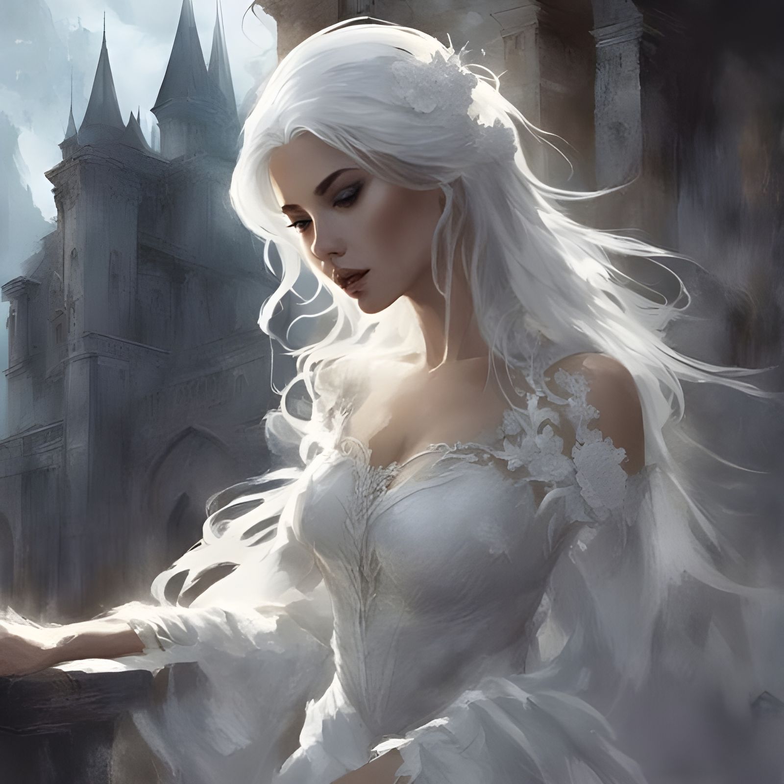 Italian Castle Ghost Girl Portrait in Splash Art Style