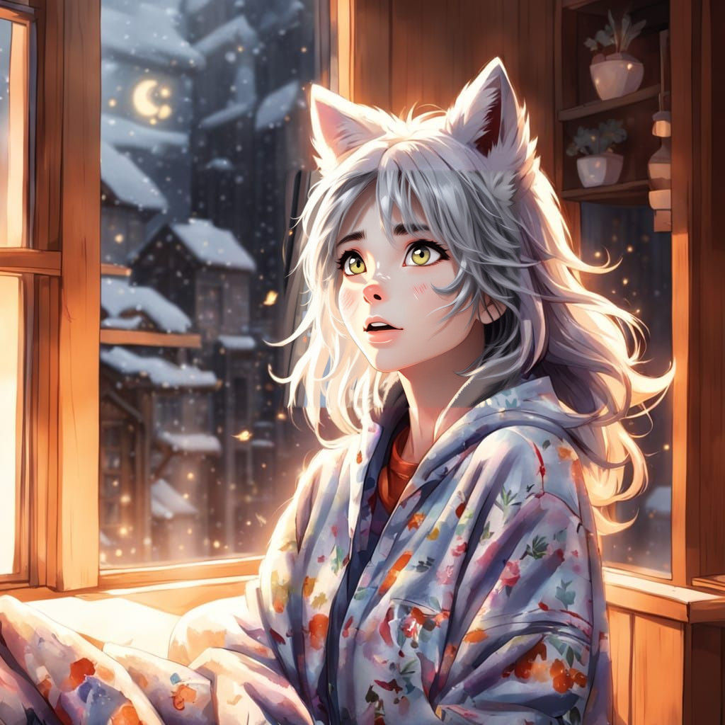 Wolf Girl Looks Out Window with Excitement and Grey Hair