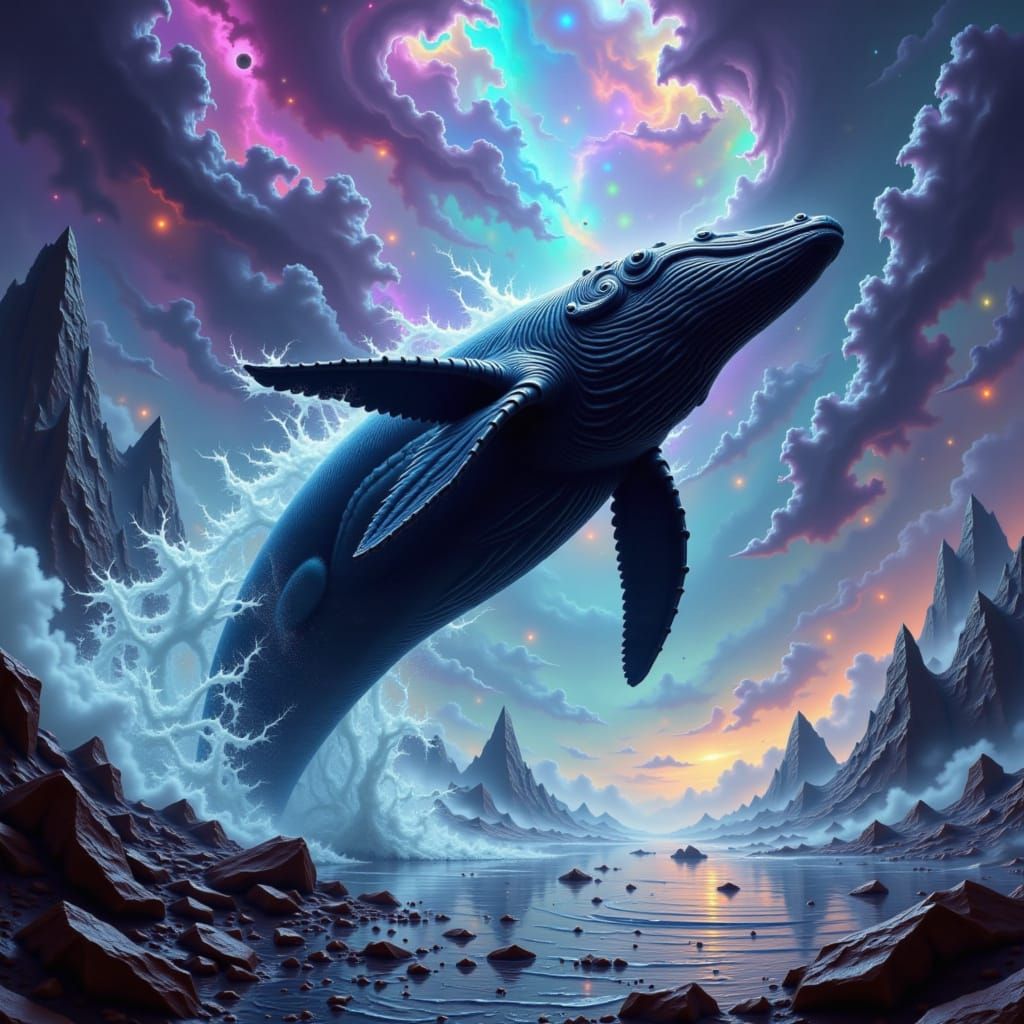 Whale Breaching in Nebula with Glowing Runes
