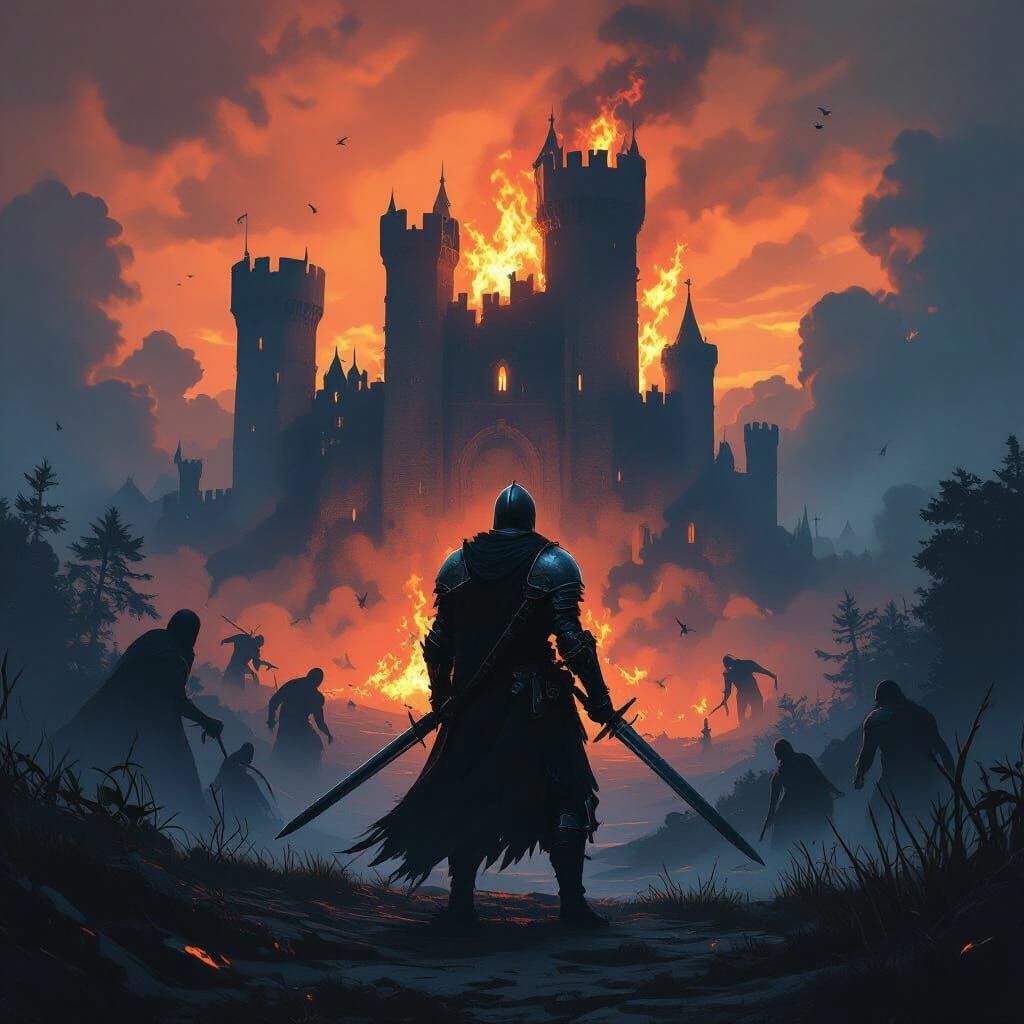 Knight Silhouetted Against Burning Castle in Dark Fantasy St...
