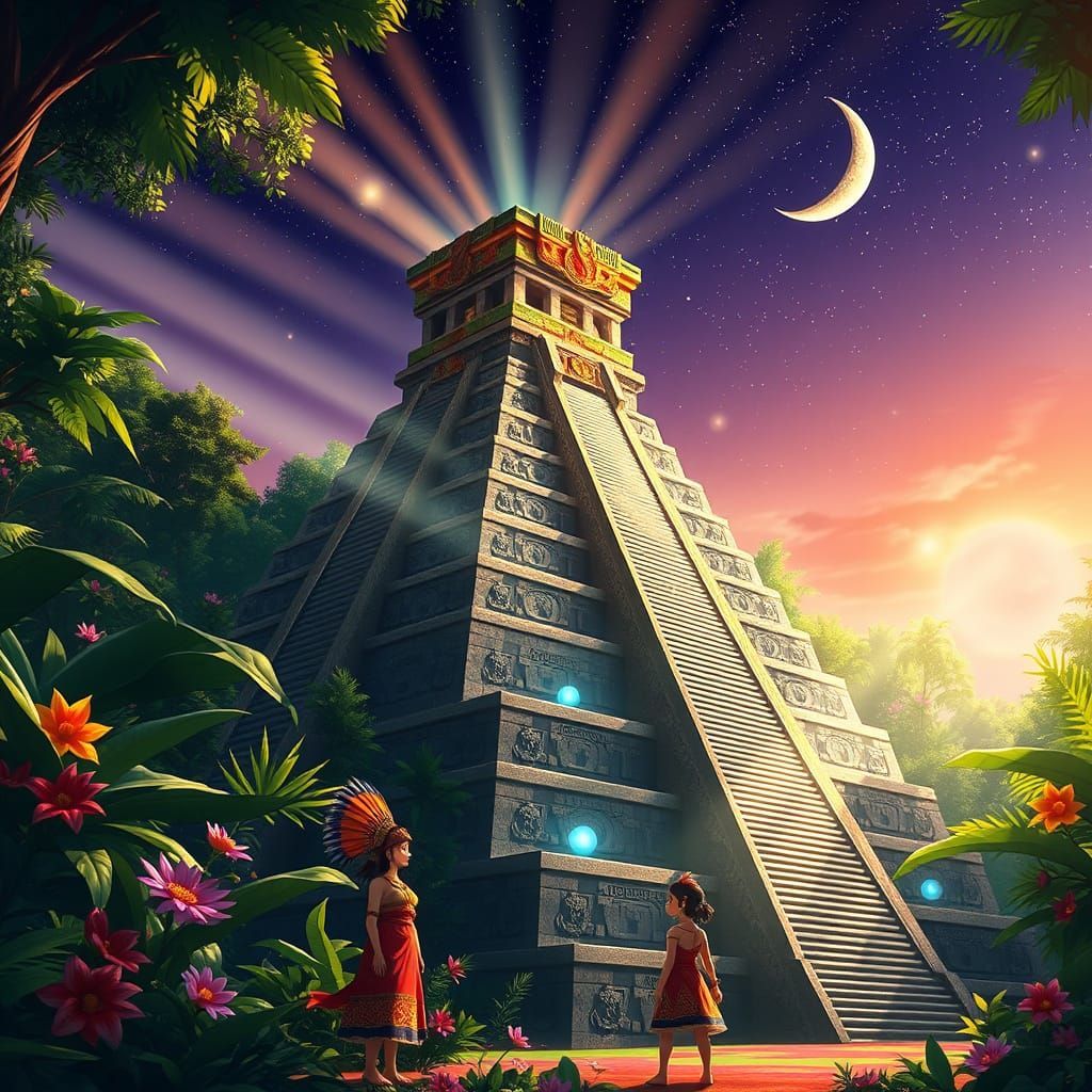 Ancient Mesoamerican Pyramid in Vibrant Jungle Landscape