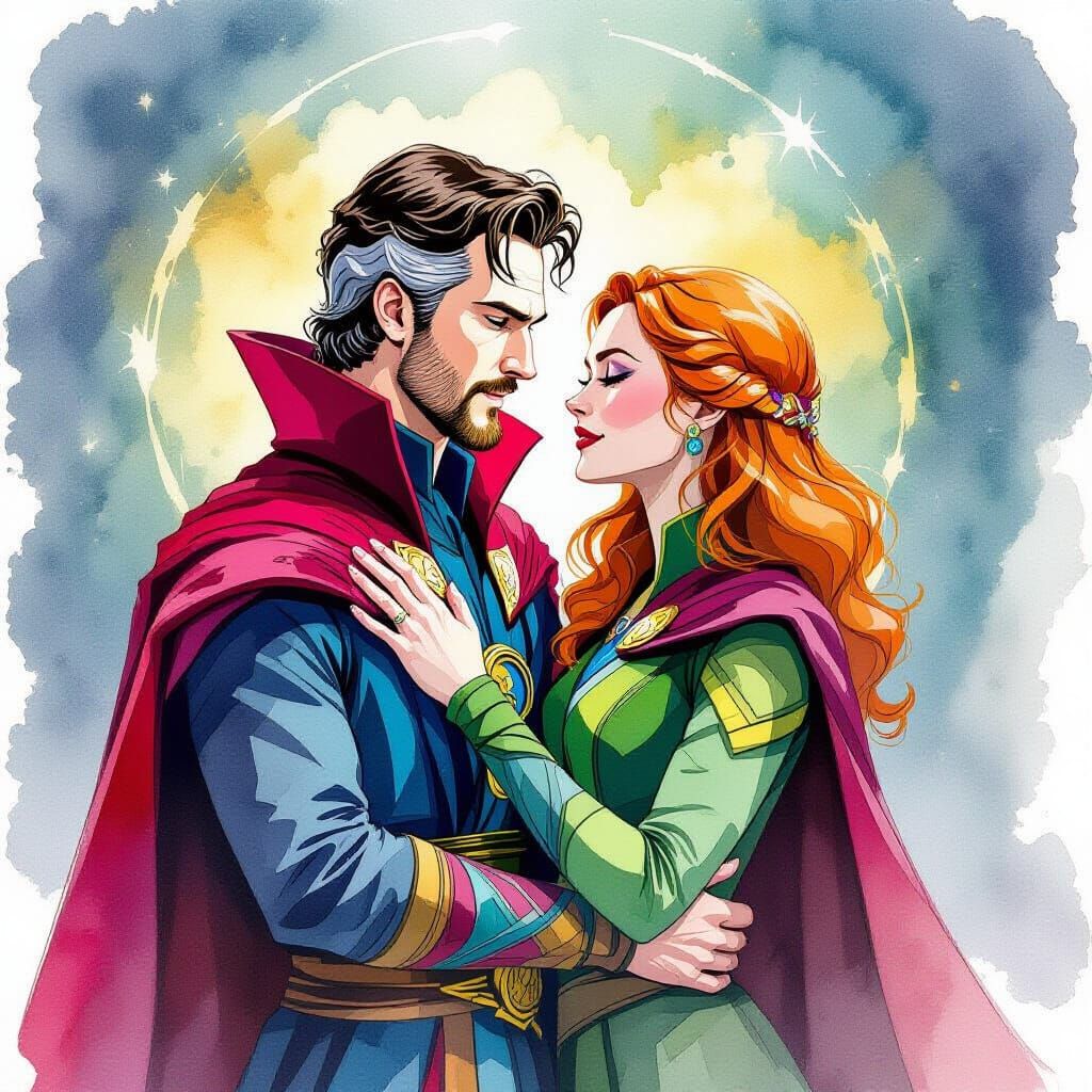 Dr. Strange Embraces Clea in Alcohol Ink Style