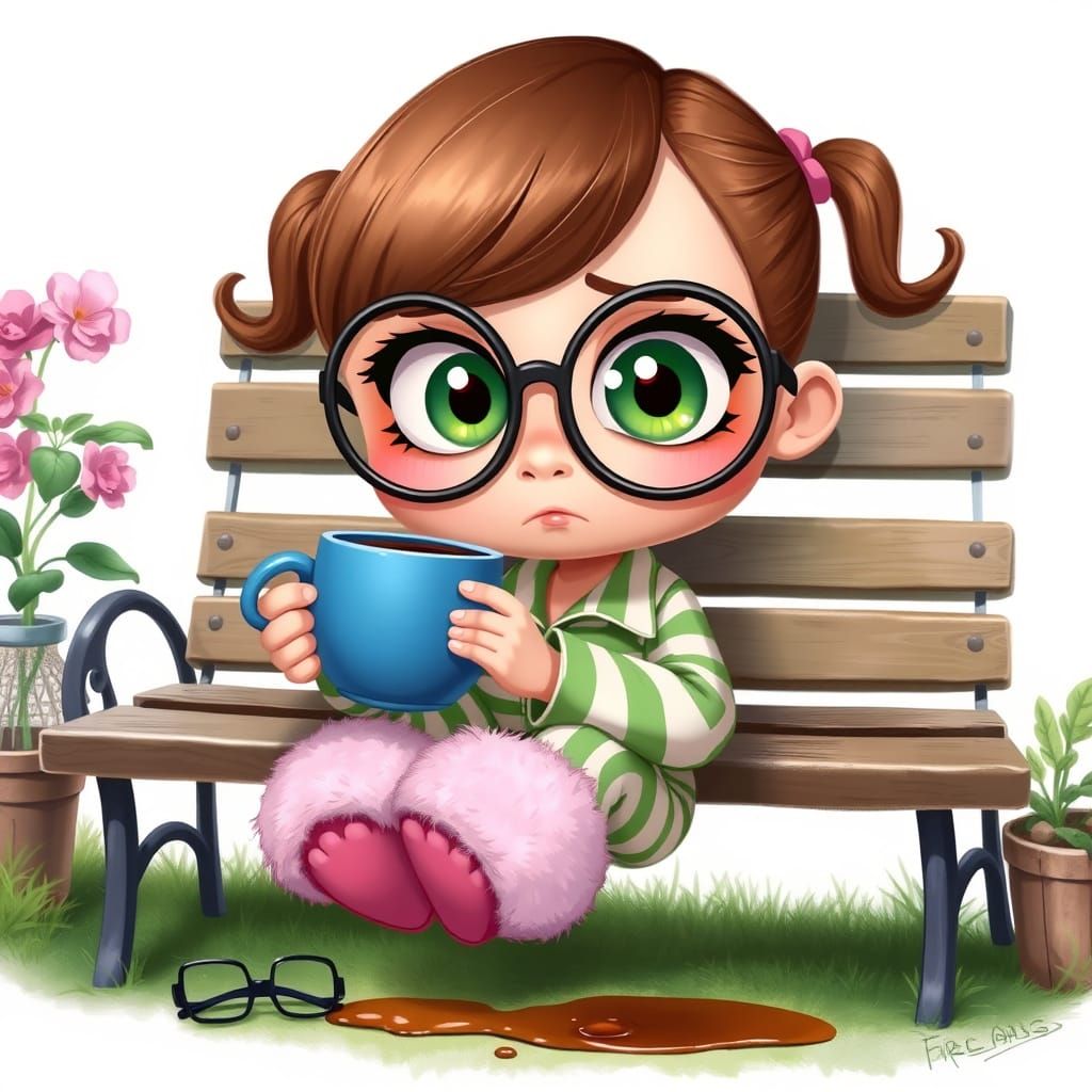 Cartoon Girl with Coffee in Whimsical Digital Art