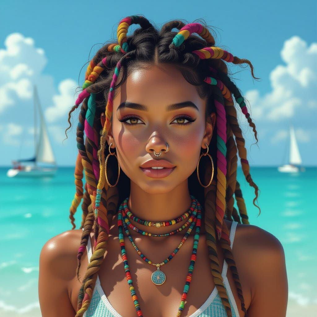 Colorful Dreadlocks on Turquoise Beach, Hyperrealistic Style