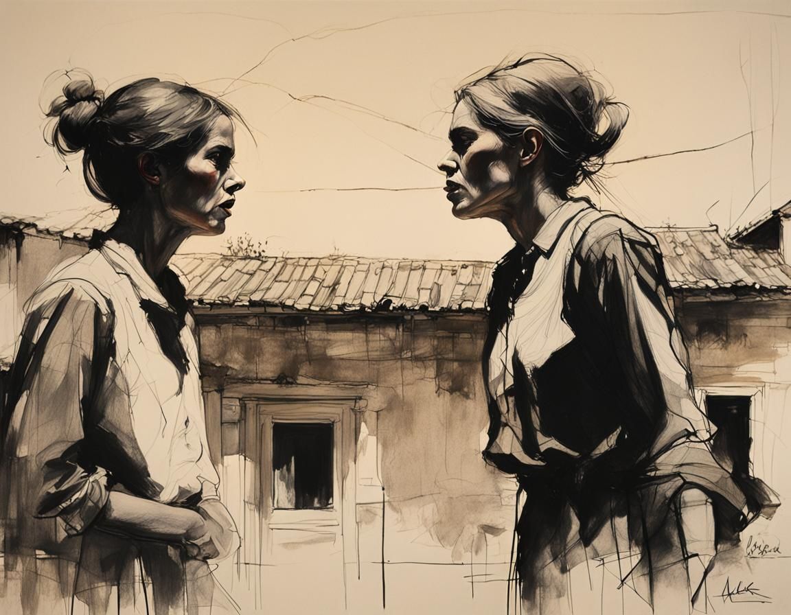 Sicilian Women Arguing: Impressionist Charcoal Sketch