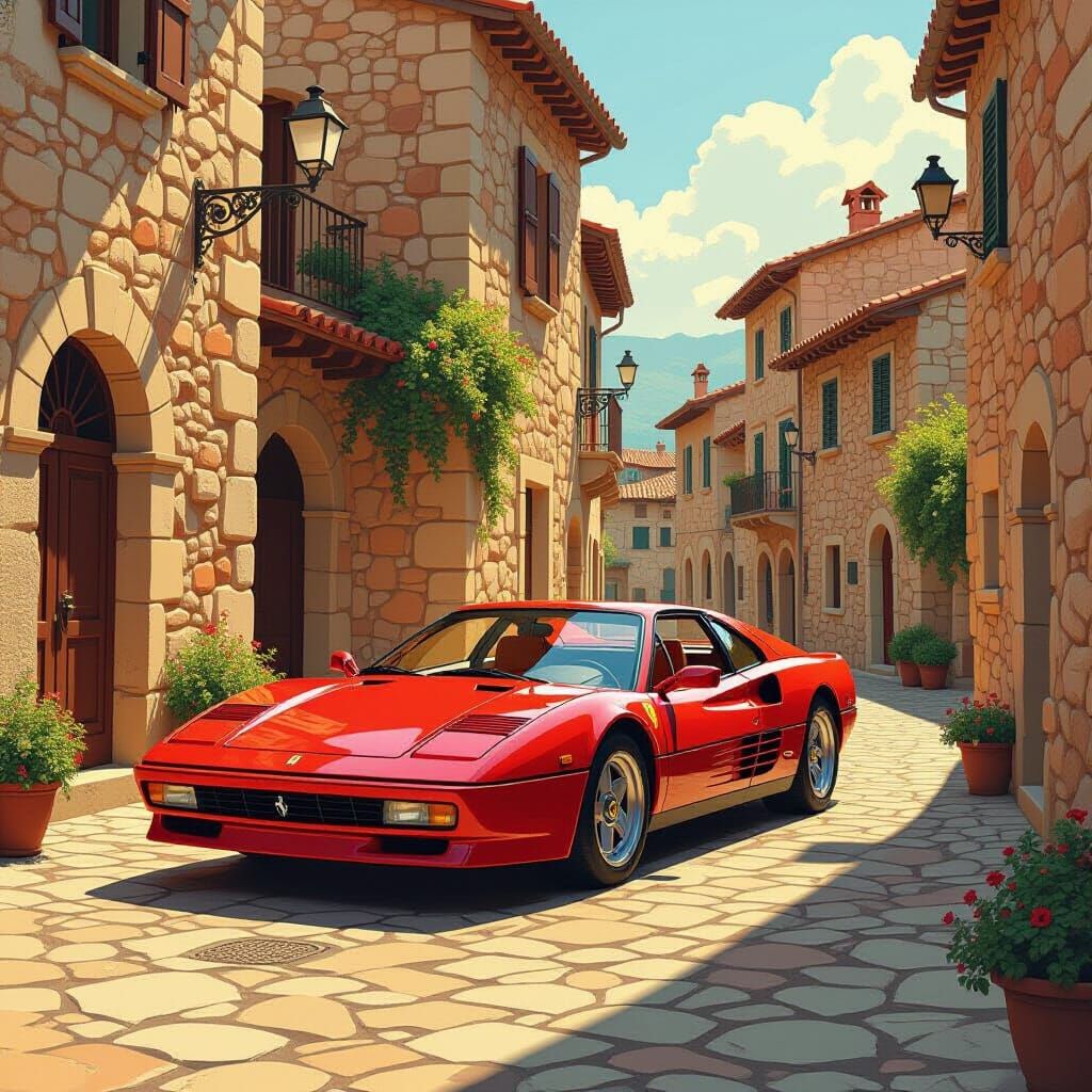 Vintage Ferrari in Quaint Italian Village