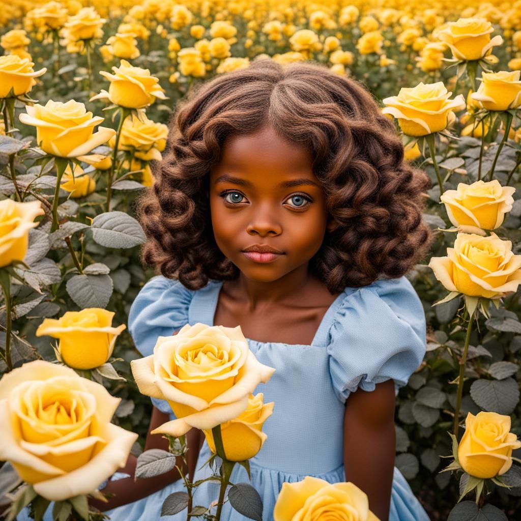 Girl with Blue Eyes in Field of Roses