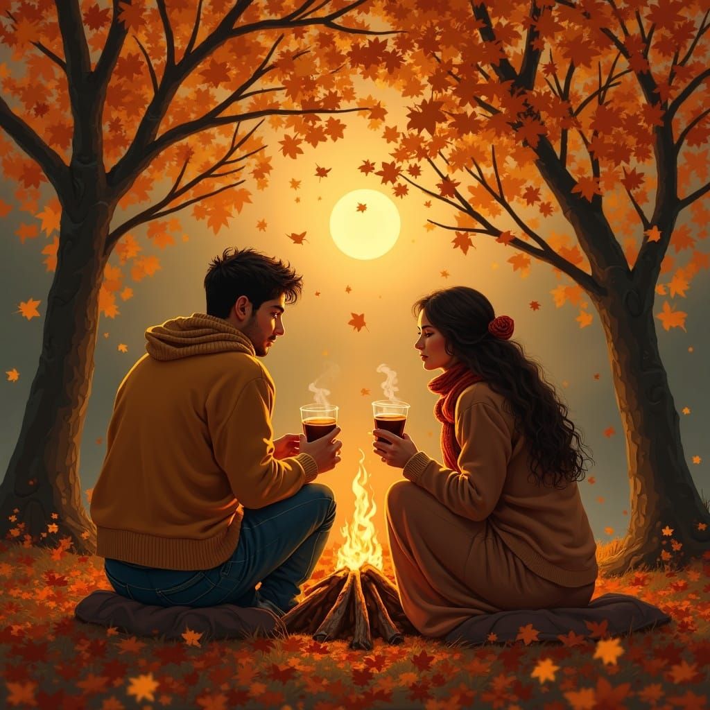 Cozy Autumn Bonfire in Art Nouveau Style