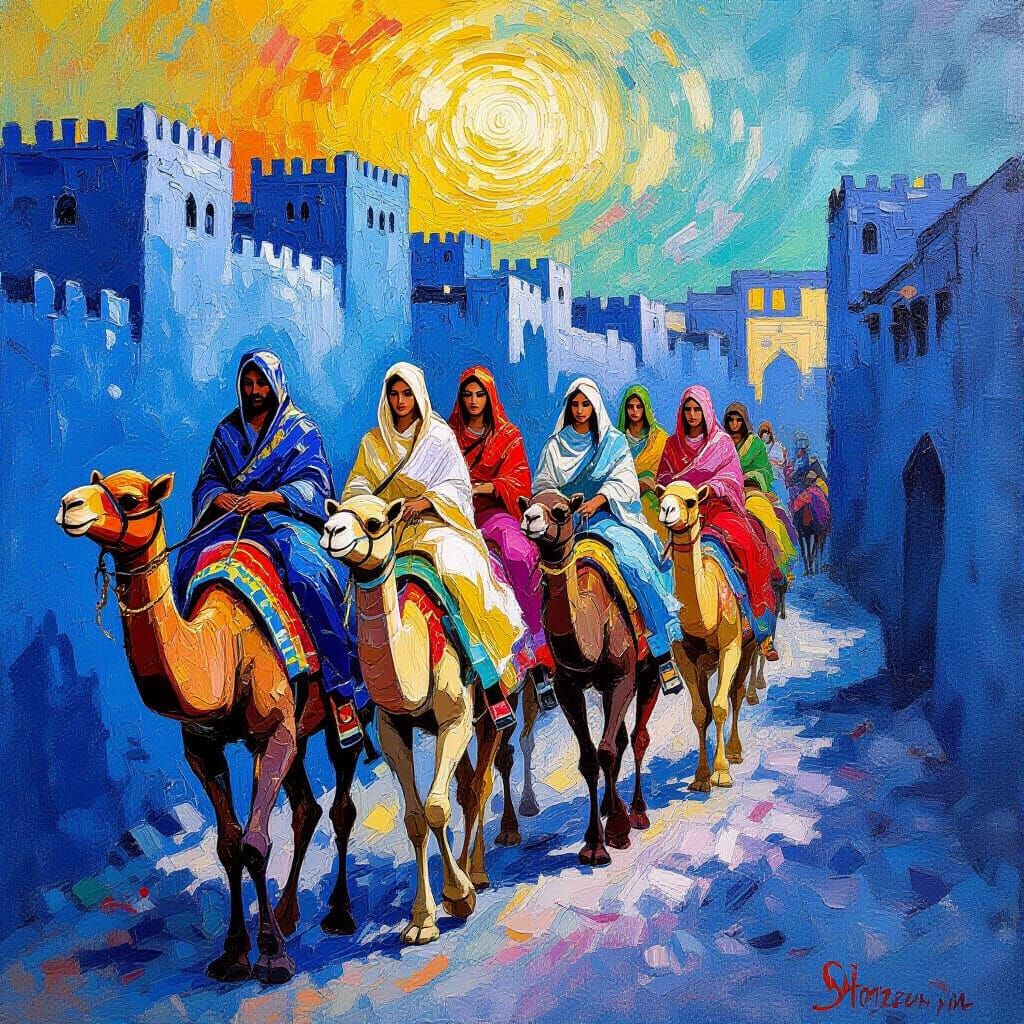 Five Queens Emerge from Blue City on Camels with Treasures