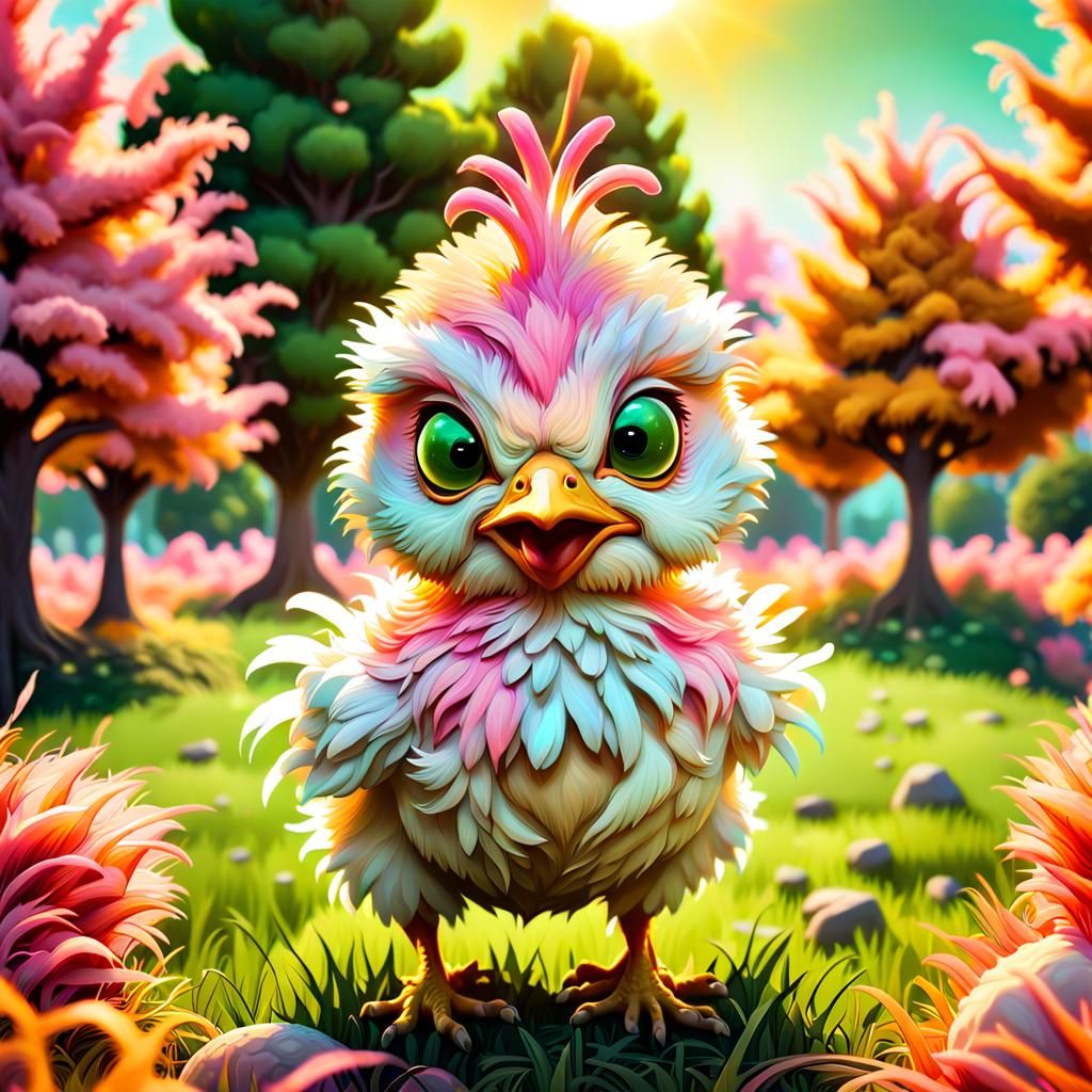Hyperrealistic Alien Chicken in Colorful Landscape