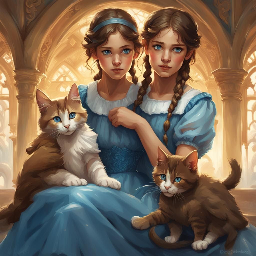 Girls Playing with Kittens: Hyperdetailed Portrait