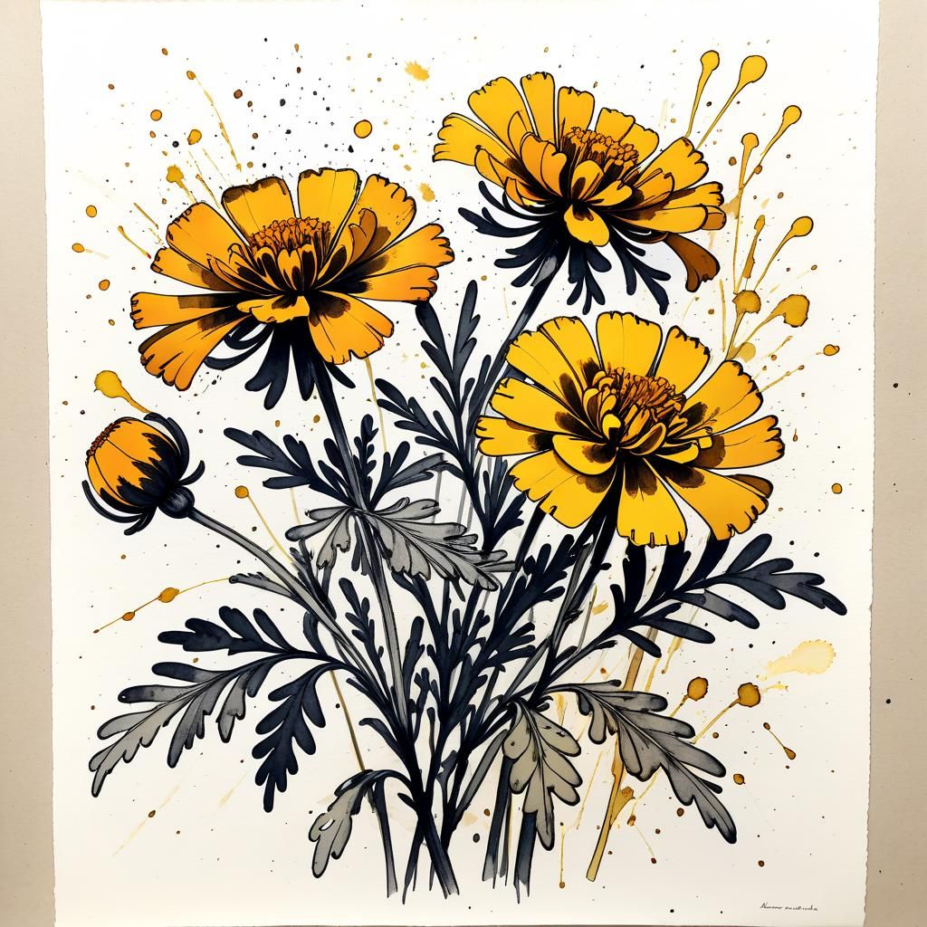 Botanical Ink Drawing of a French Marigold