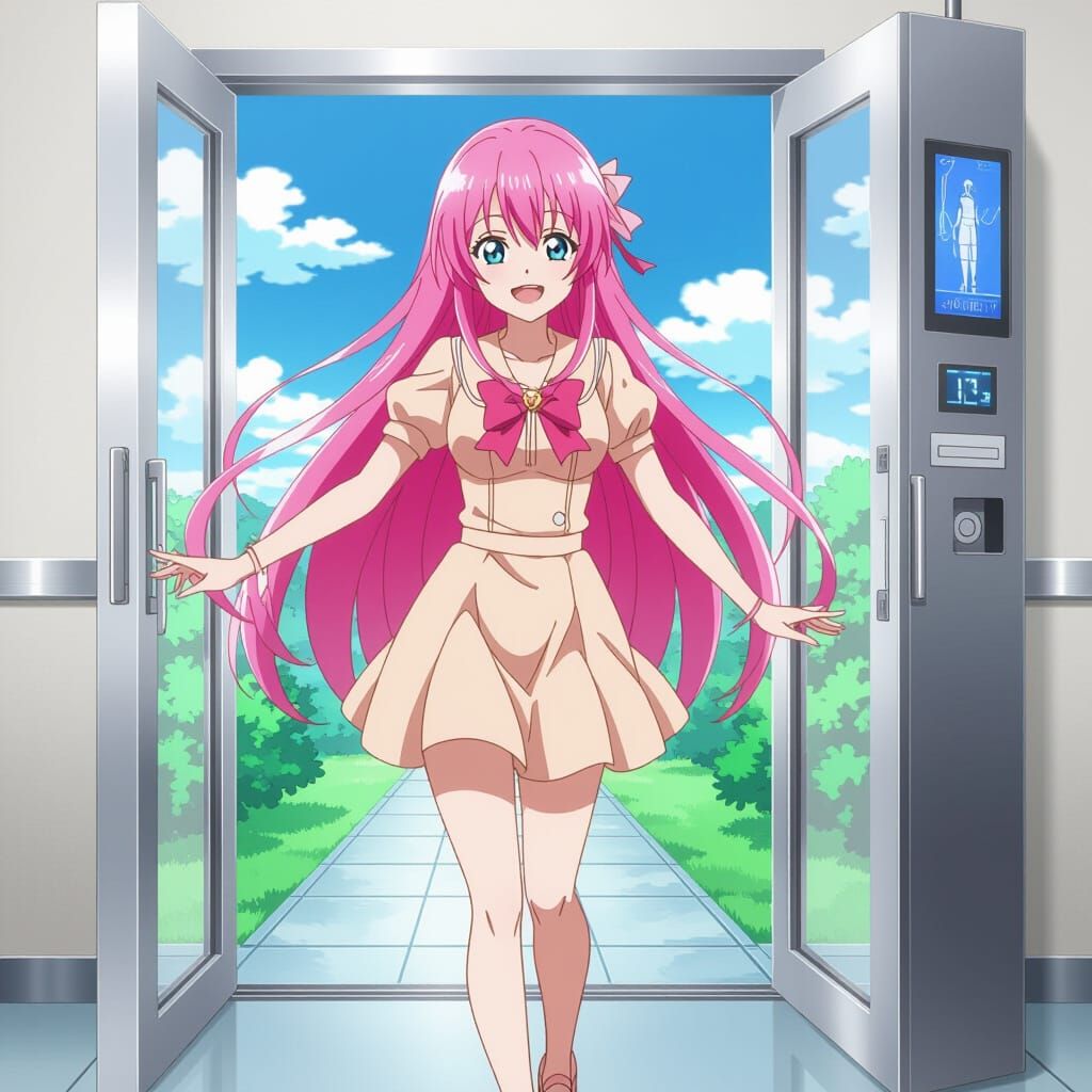 Anime Woman with Pink Hair Steps Out of TV Screen
