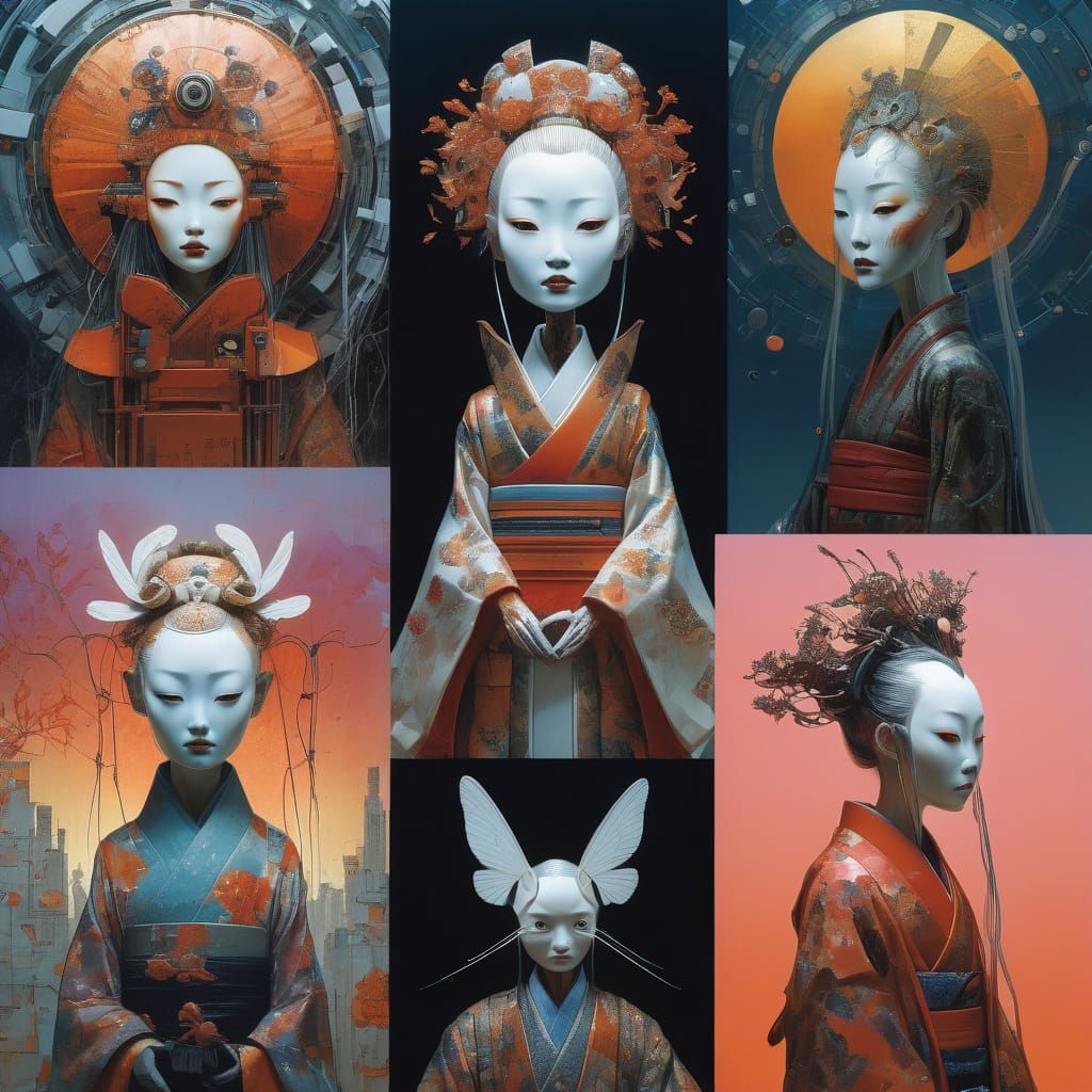 Vibrant Android Geisha in Silver Sunset Hues