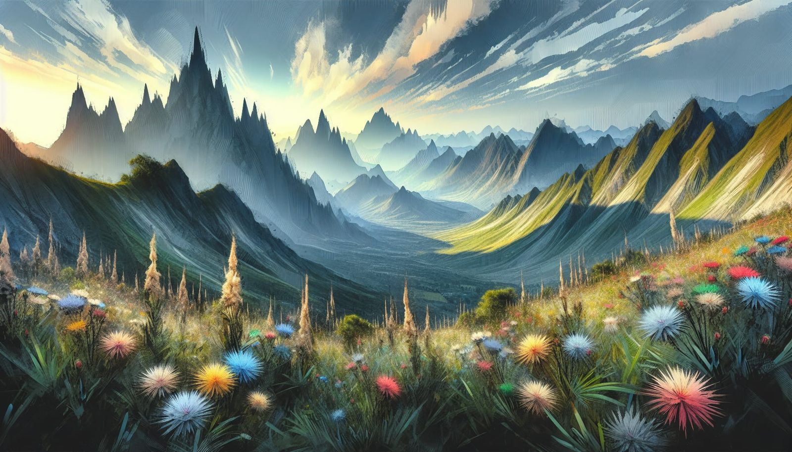 Dramatic Mountain Landscape with Wildflowers in Watercolour ...