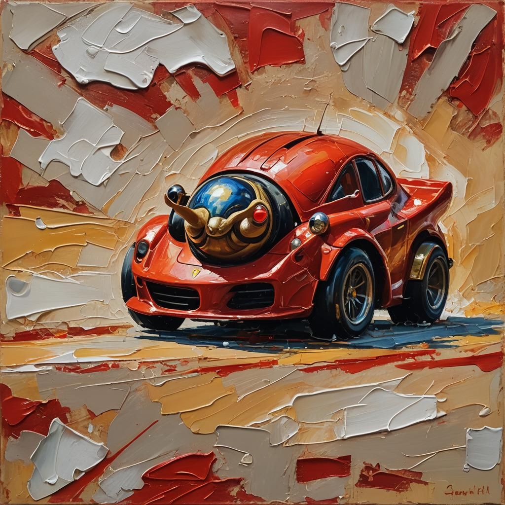 Snail Drives Ferrari: Expressionist Oil Painting
