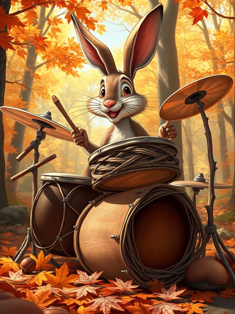 Hare Drummer in Autumn Forest, Cartoon Digital Painting