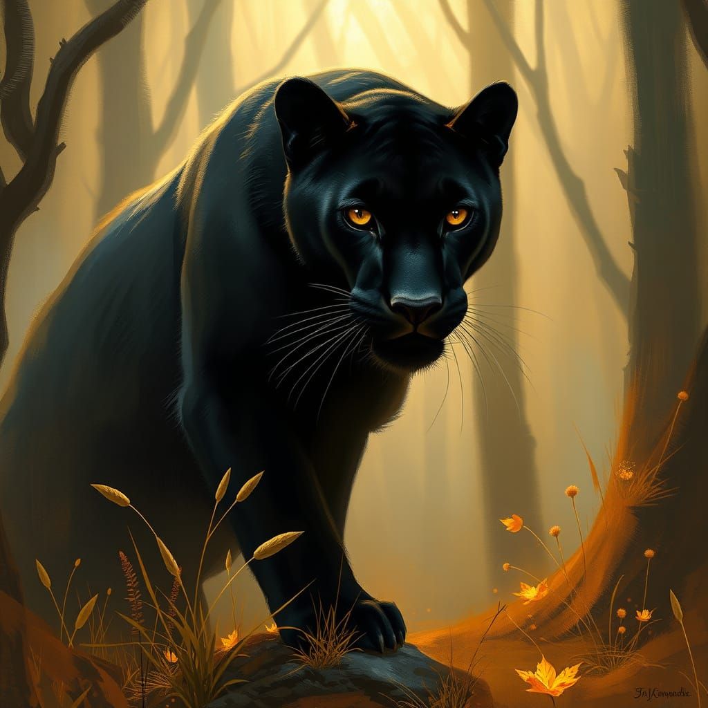 Black Panther in Misty Forest with Golden Brush Strokes