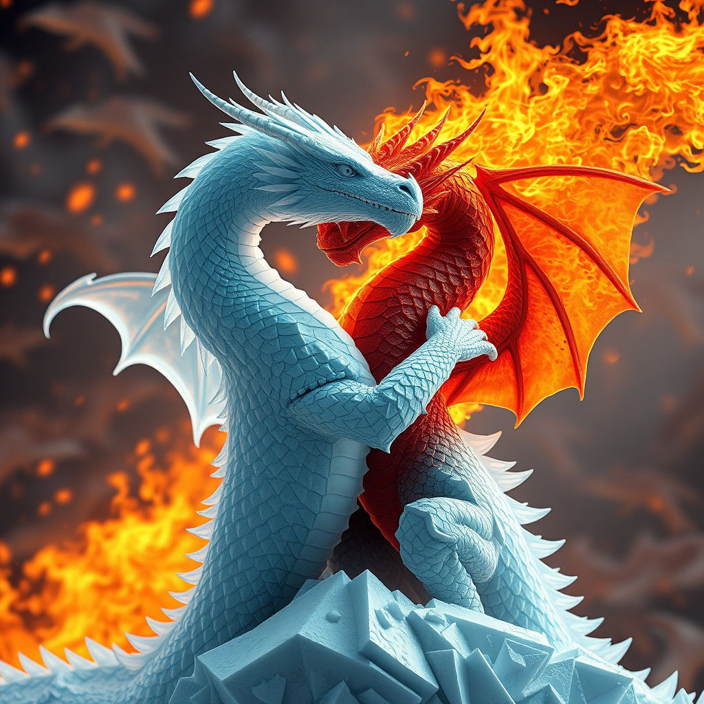 Majestic Ice Dragon Embraces Fire Dragon in Harmony