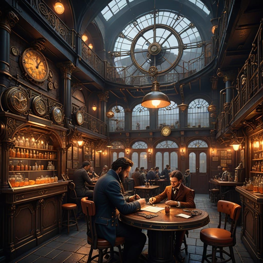 Steampunk Victorian London Cafe at Night
