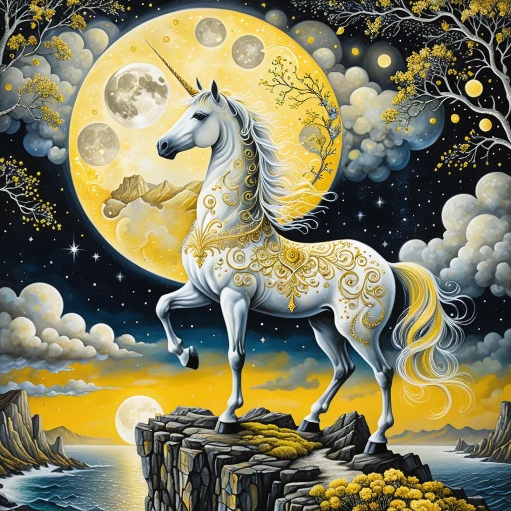 Stardust Unicorn on Cliff: Digital Oil and Ink Painting