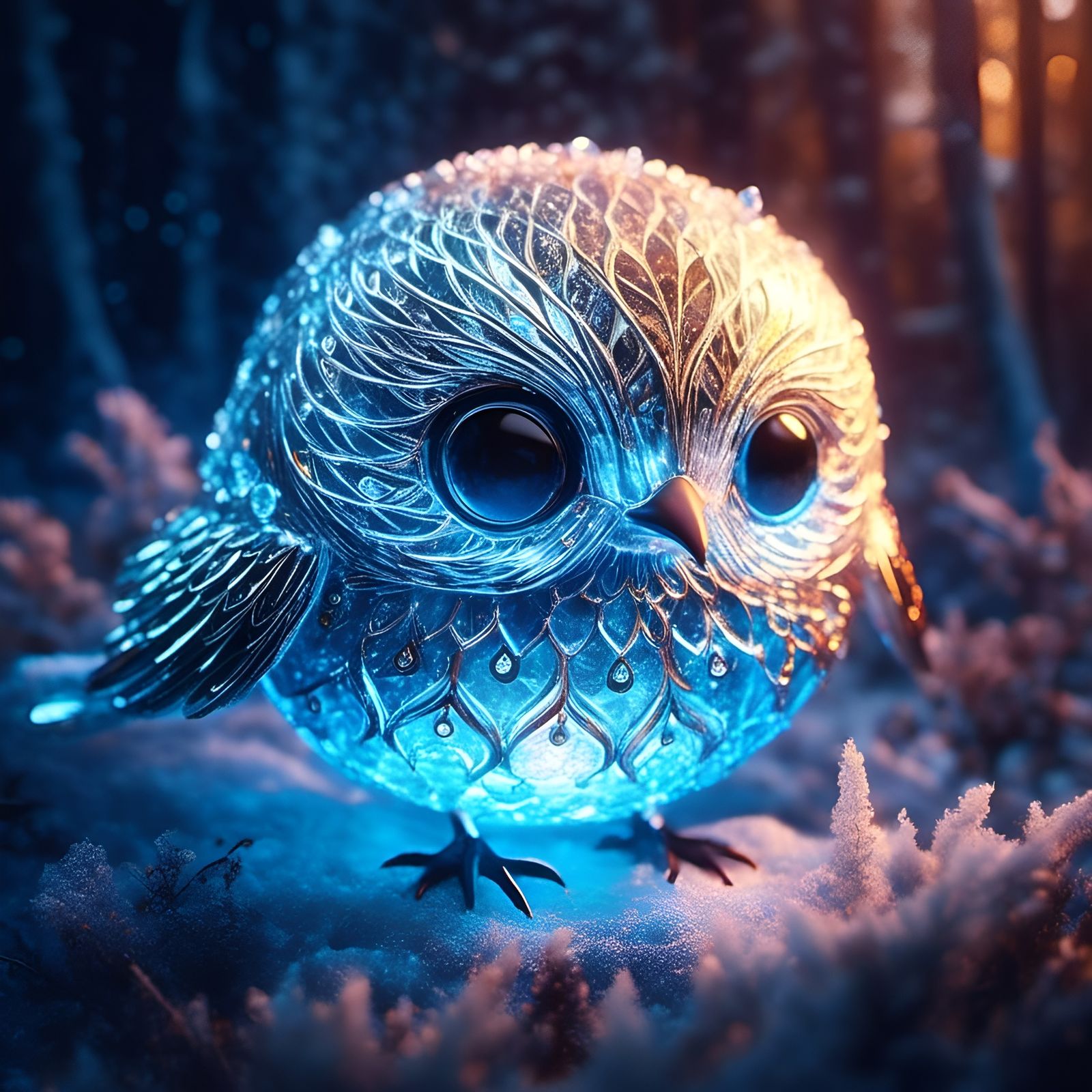 Glowing Ice Bird in Enchanted Forest