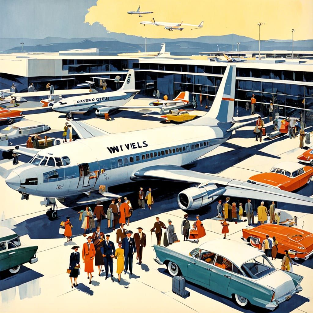 Mid-Century Modern Airport Illustration: Happy Travelers