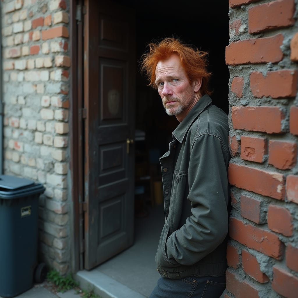 Hyper Realistic Photo of a Red-Haired Man in Tenement Doorwa...