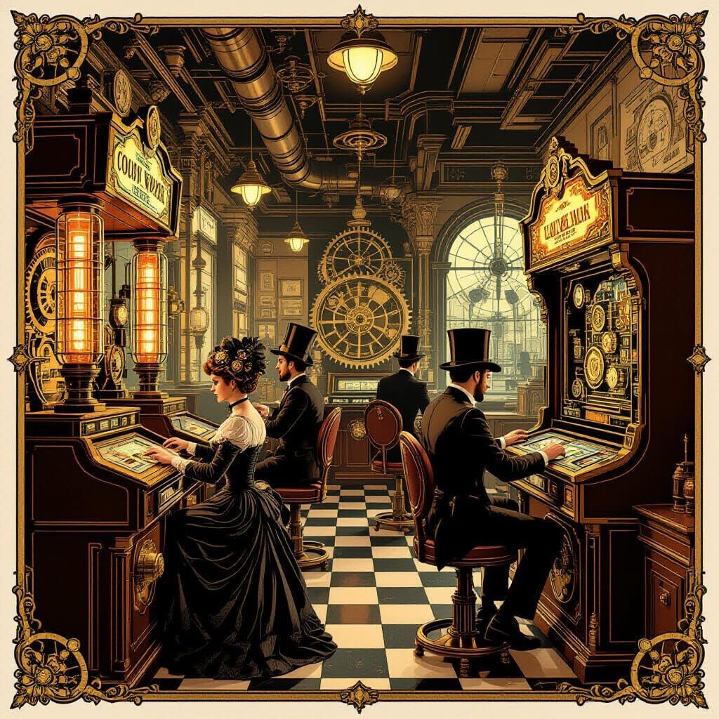 Steampunk Arcade with Clockwork Games and Victorian Patrons