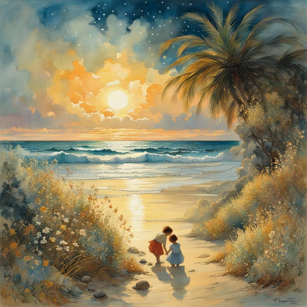 Children Find Treasure on Tropical Beach, Watercolor Paintin...