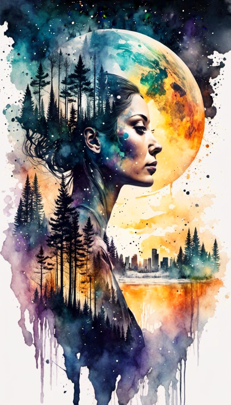 Double Exposure Art of Woman, Forest, City, and Sunset