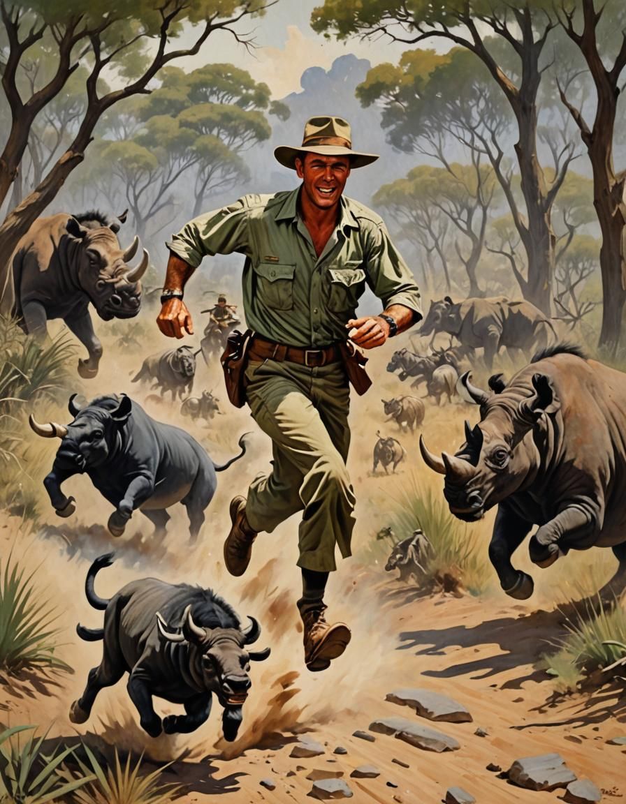 Safari Hunter Running From Rhinoceros, Retro Illustration