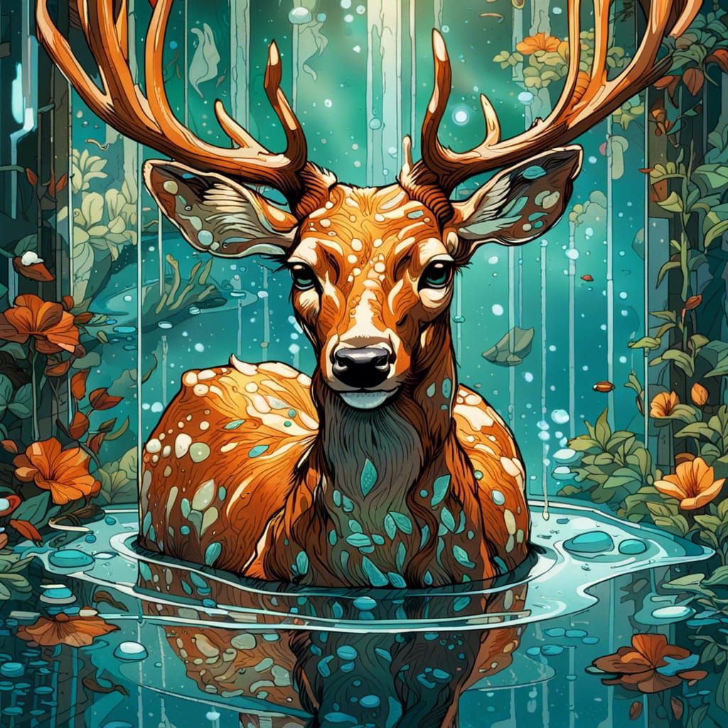 Deer Touches Reflection: Hyperrealistic Digital Art