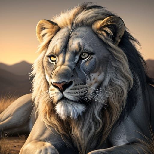 Majestic Silver Lion in Golden Hour Savannah