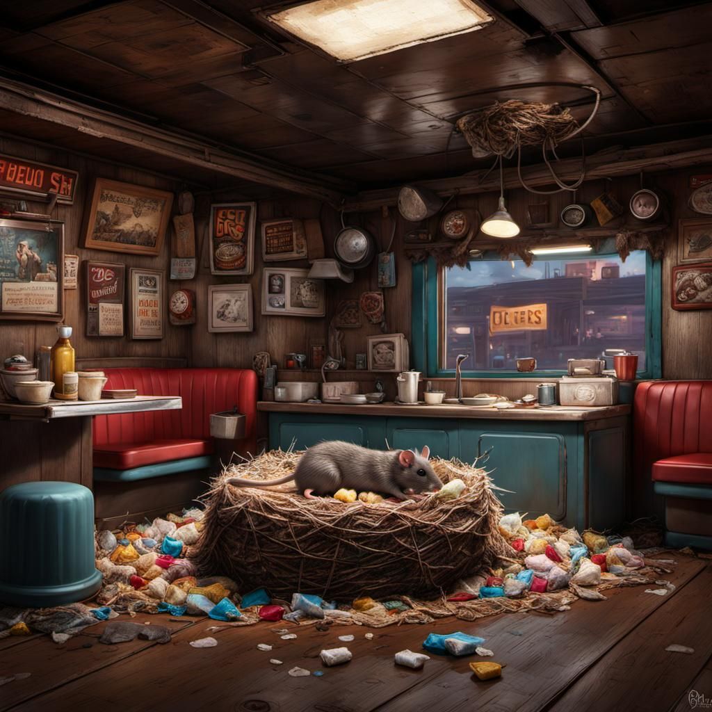 Rat's Nest with Newborns in Dingy Diner