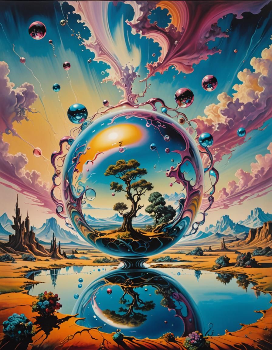 Surreal Landscape with Reflective Sphere in Dali Style