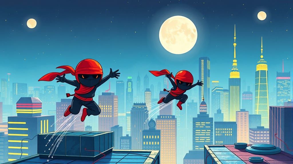 Pom Pom Ninjas Leap Across Neon City Rooftops