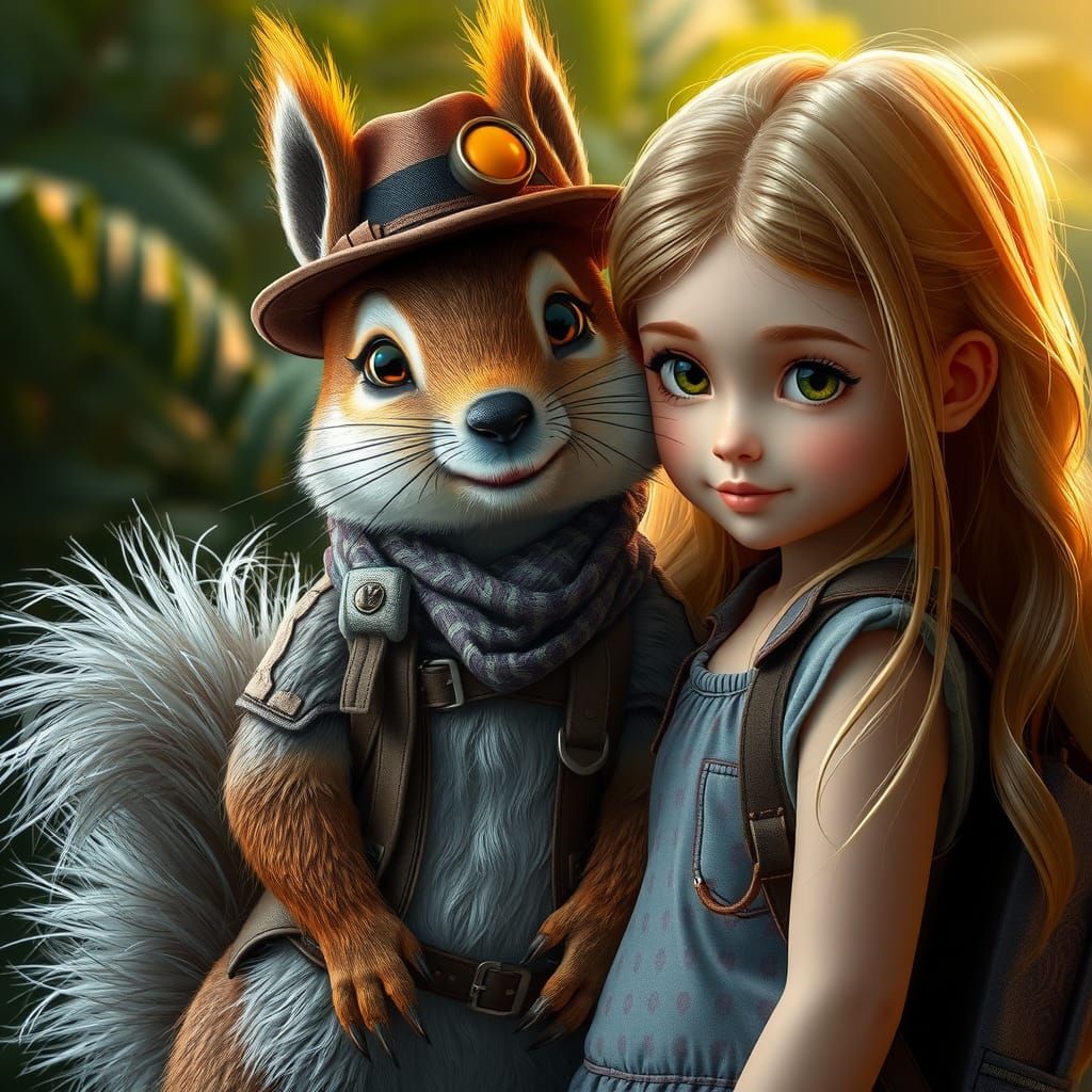 Adventurer Teddy Squirrel and Girl in Jungle