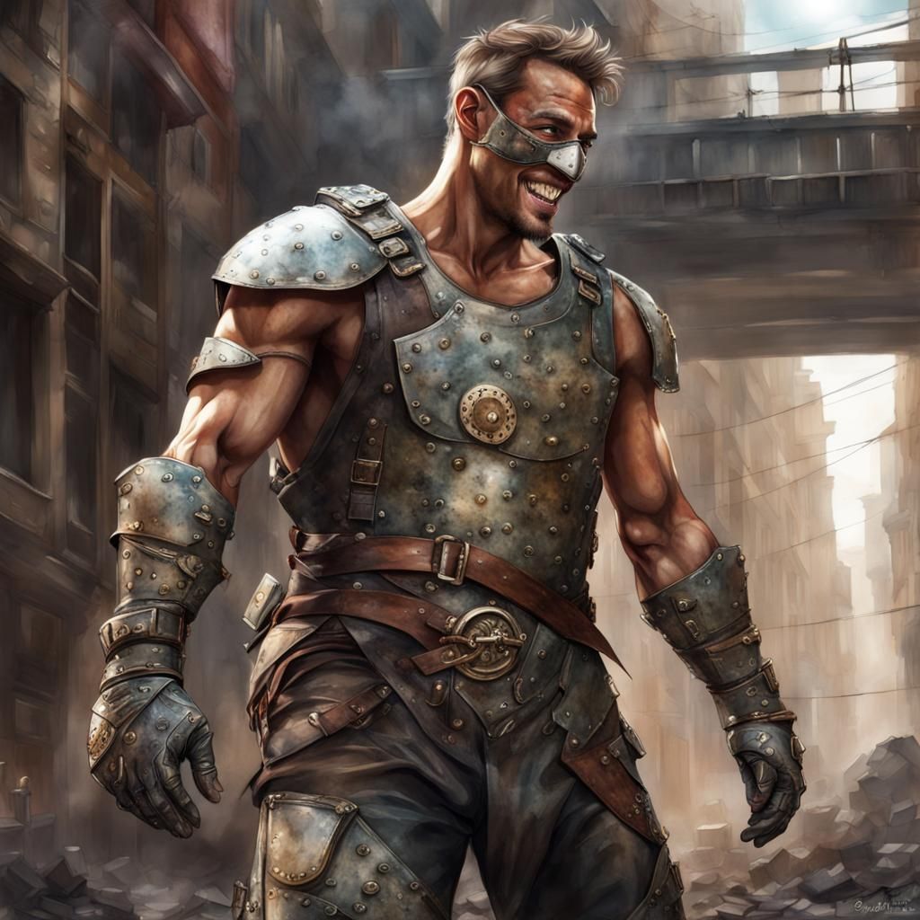 Laughing Raider in Ruined City, Watercolor Masterpiece